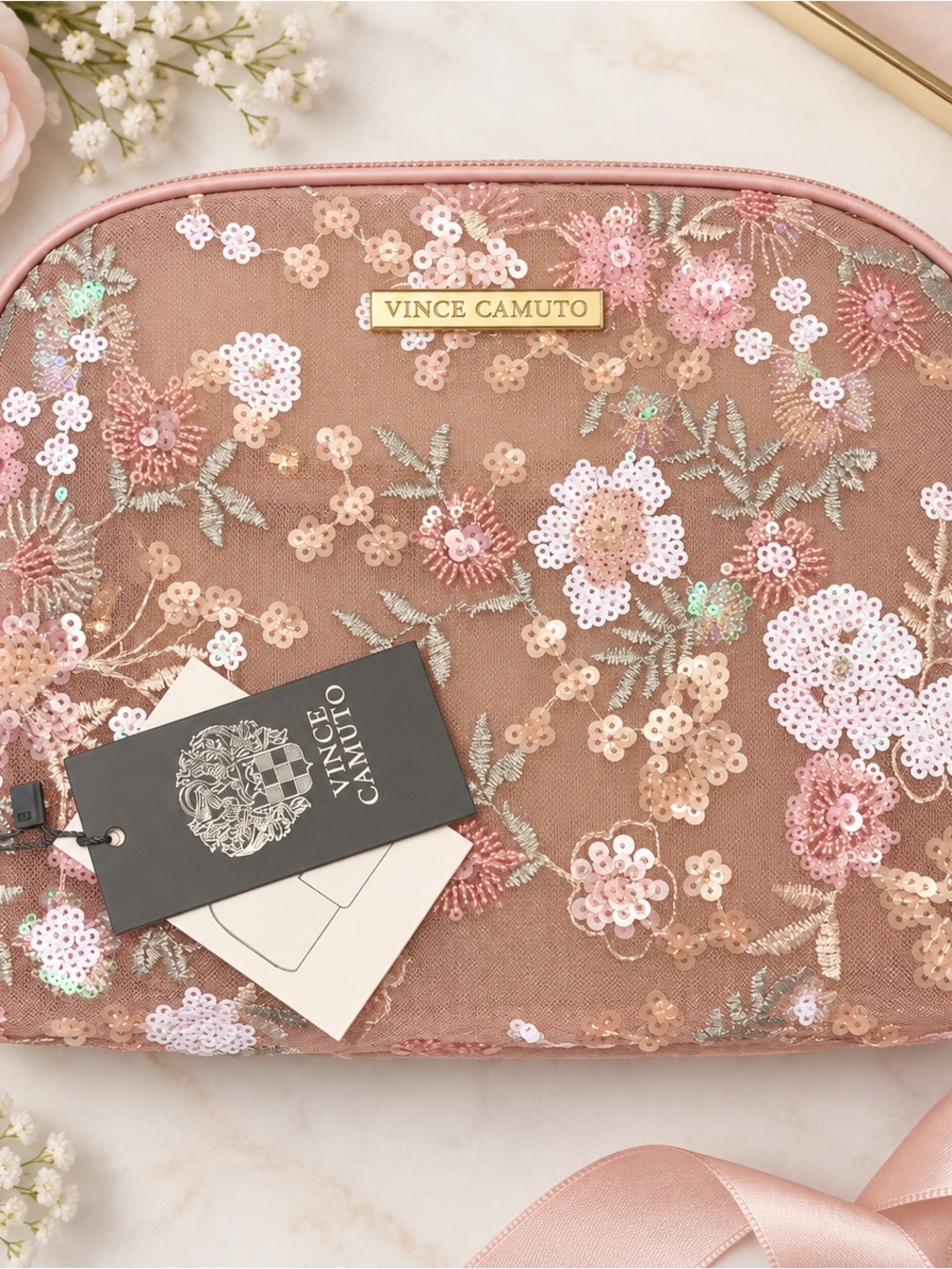 Vince Camuto Blush Pink Mesh Travel Makeup Cosmetic Pouch NWT